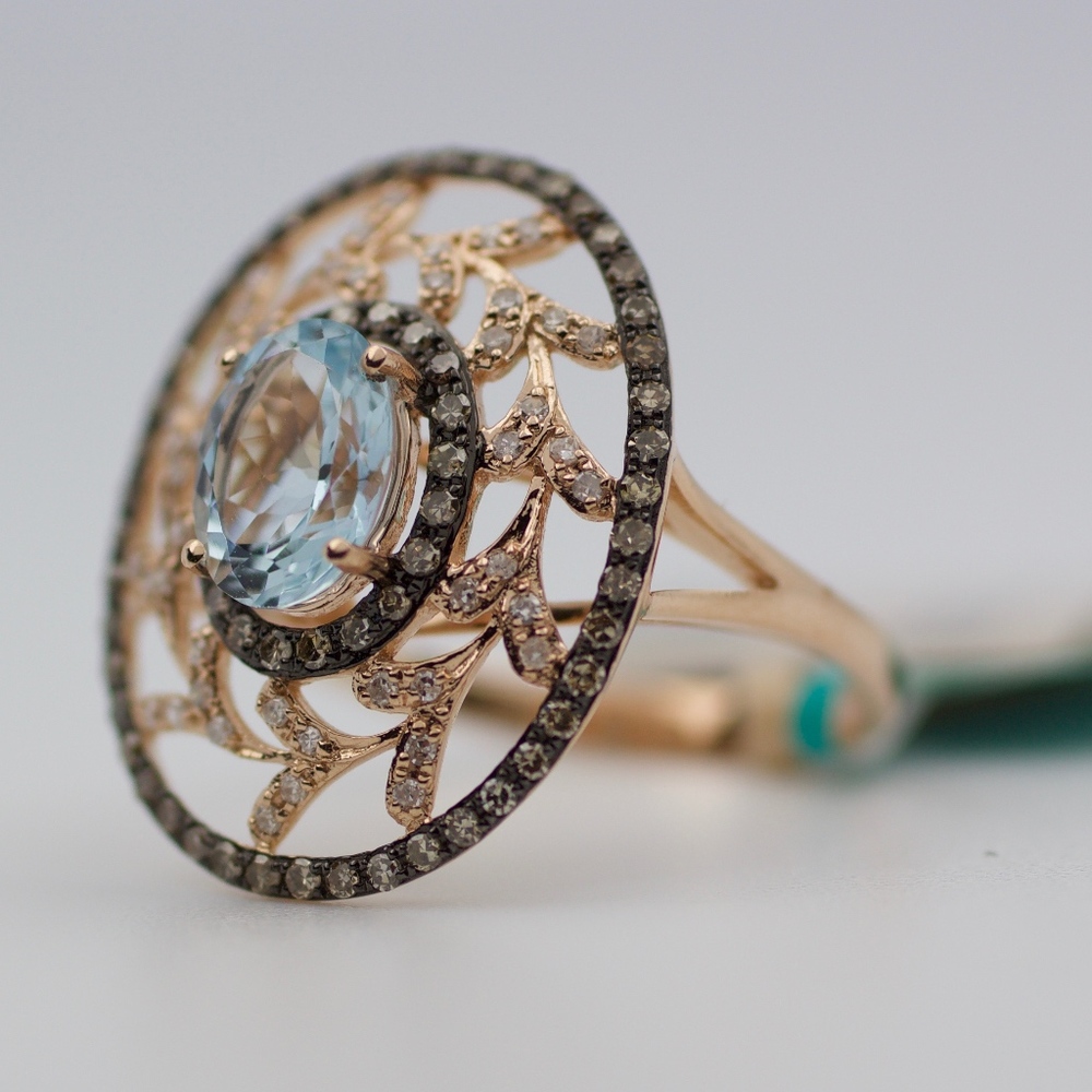 EFFY 14k Rose Gold Aquamarine & Brown Diamond Ring - Picture 7 of 8